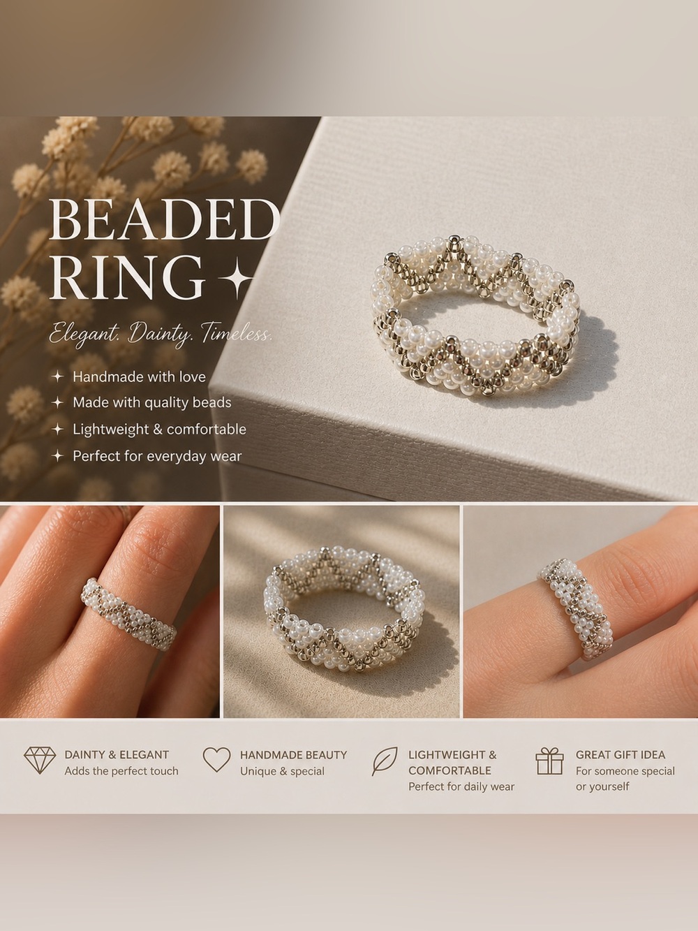 Dainty Beaded Ring – White & Silver Handmade Stretch Ring – Elegant Stackable